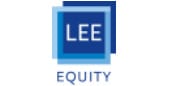 LEE in white text inside a light blue frame, and with a blue box behind. Equity in dark blue text is below.